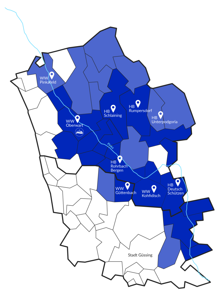 Landkarte der Bezirke Oberwart und Güssing mit den Mitgliedergemeinden, Hochbehältern und Wasserwerken.